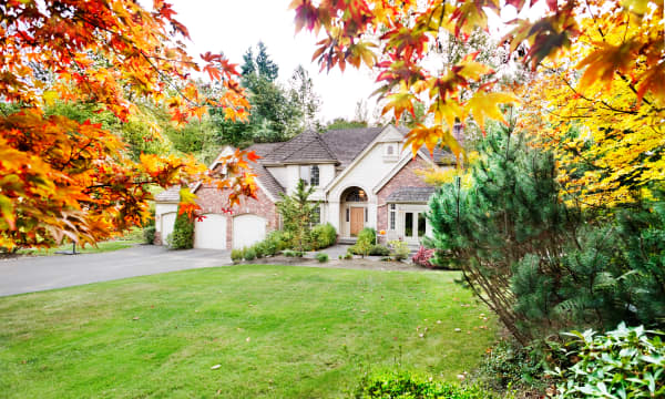 Großzügiges Einfamilienhaus mit grüner Wiese und Bäumen im Herbst
