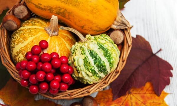 Korb mit Zierkürbissen, Beeren und Kastanien steht hölzerner Oberfläche mit bunten Herbstblättern