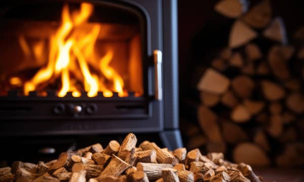 Holzpellets in Nahansicht vor einer Holzheizung mit Holzscheiten im Hintergrund