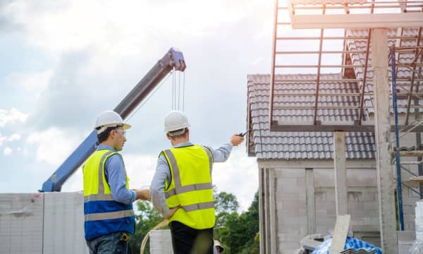 Bauleute vor dem unfertigen Neubau eines Wohngebäudes