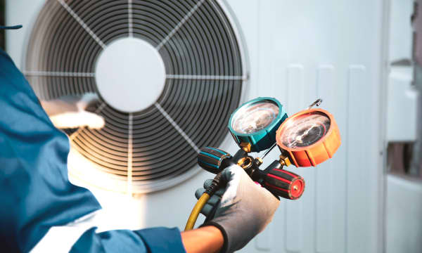 Mechaniker überprüft Kältemittel in einer Wärmepumpe mit einem Manometer