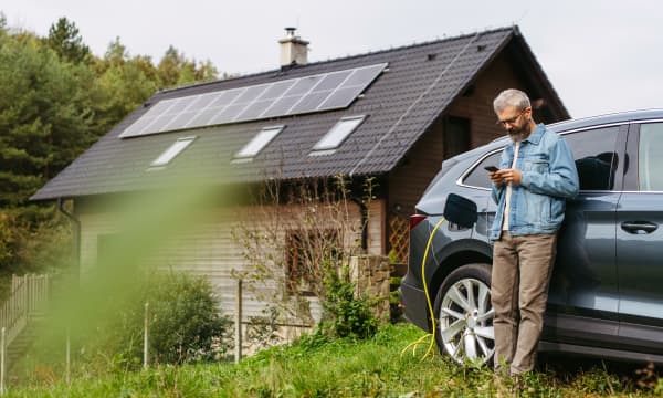 Mann steht mit Smartphone in der Hand an seinem Elektroauto, das gerade lädt, vor einem Haus mit Solarmodulen auf dem Dach