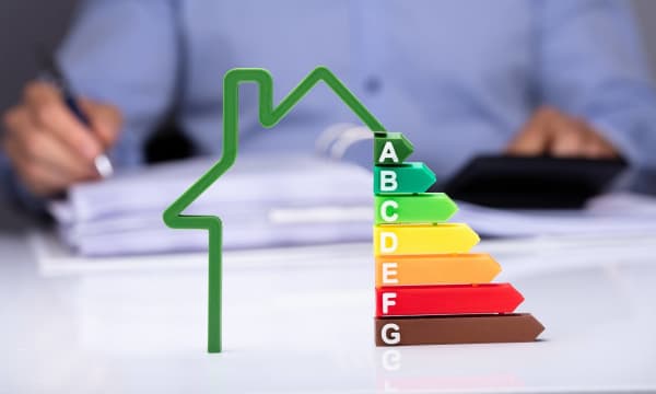 Modell der Energieeffizienzklassen für Häuser, im Hintergrund ein Energieberater am Schreibtisch