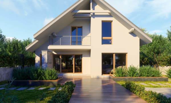 Frontansicht eines modernen Einfamilienhauses mit Garten