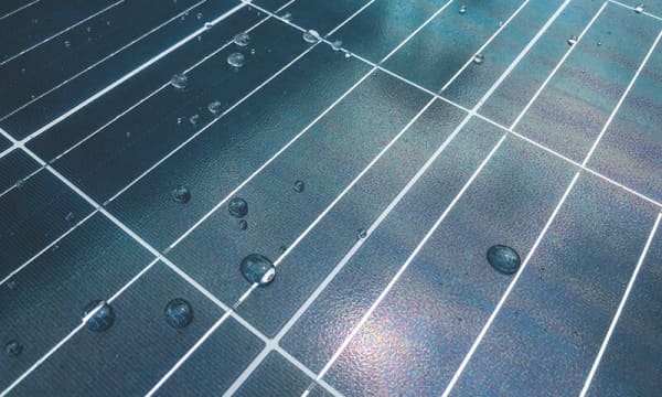 blau schimmernde Solarzellen mit Wassertropfen