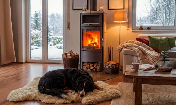 Hund liegt auf dem Boden eines Wohnzimmers mit brennendem Kaminofen