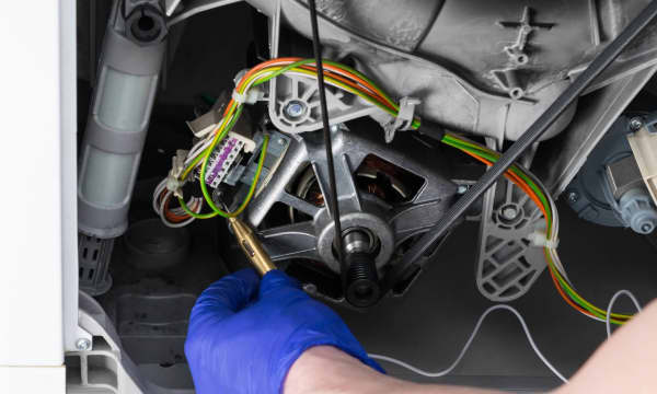 Nahaufnahme der Fehlersuche bei der Verkabelung der Waschmaschine nach einem Leck im Steuergerät