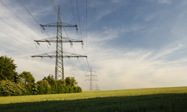Strommasten in einer grünen Landschaft in Deutschland, die sich über hügeliges Gelände erstrecken, mit weiten Wiesen und Bäumen im Hintergrund.
