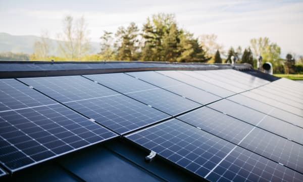 Solarmodule auf einem Schrägdach mit grünen Bäumen und Himmel im Hintergrund