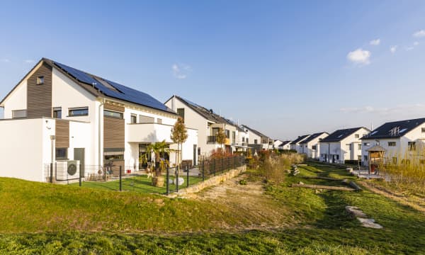 Zwei Reihen moderner Ein- und Zweifamilienhäuser mit Garten