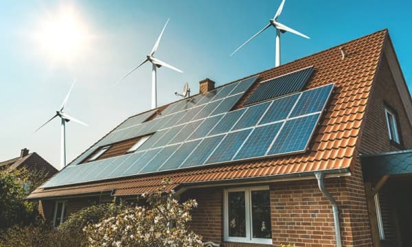Haus mit Solaranlage auf dem Dach steht vor drei Windrädern