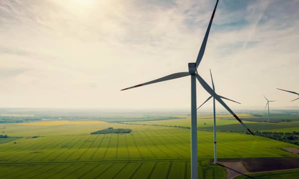 Windkraftanlagen auf grüner Wiese vor bewölktem Himmel