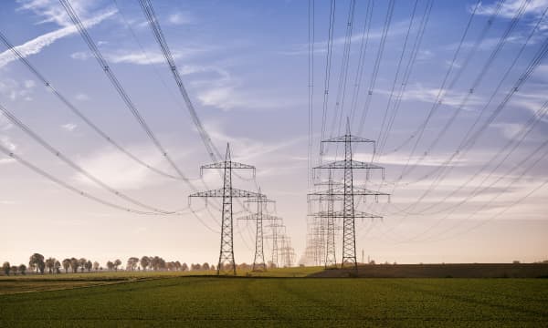 Strommasten in zwei Reihen bei Sonnenaufgang