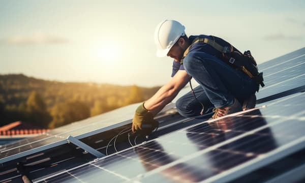 Monteur arbeitet am Anschluss von Solarmodulen auf einem Dach