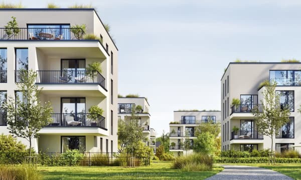 Wohnanlage mit modernen Mehrfamilienhäusern im Grünen