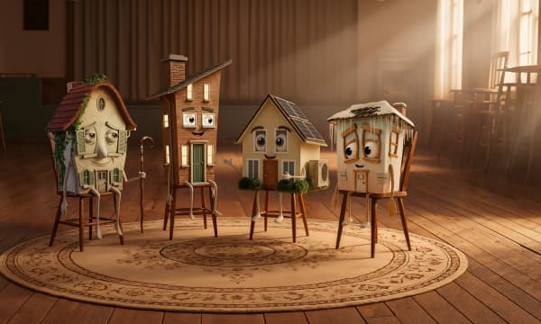 Das Bild zeigt vier Haus-Silhouetten, die wie Figuren auf Stühlen in einem leeren, sonnendurchfluteten Saal sitzen. Die Szene wirkt ruhig und geheimnisvoll, mit warmem Lichteinfall und aufgestapelten Stühlen im Hintergrund.