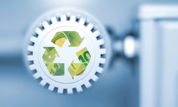 Heizungsthermostat im Fokus mit leicht erkennbarem 100 Euro Schein.