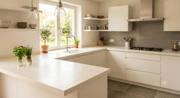 Moderne weiße Küche mit Corian-Arbeitsplatte und offenem Regal