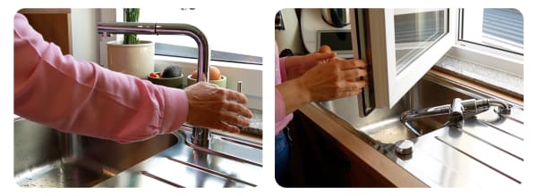Bildfolge auf der eine spezielle Armatur zu sehen ist, die das Öffnen des Fensters hinter der Spüle ermöglicht, indem sie sich abklappen lässt.