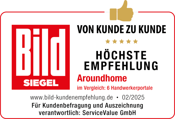 Auszeichnungssiegel von BILD und ServiceValue: ‚Höchste Empfehlung‘ für Aroundhome auf Basis einer Kundenbefragung, Platz 1 von 6 Handwerkerportalen