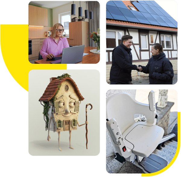 Collage mit vier Bildern: Ein Cartoon-Haus und zwei Bilder, die verschiedene Erfahrungen mit Aroundhome zeigen: Eine Frau arbeitet am Laptop in einer modernen Küche, zwei Personen geben sich die Hand vor einem Haus mit Solaranlage auf dem Dach, ein Treppenlift.