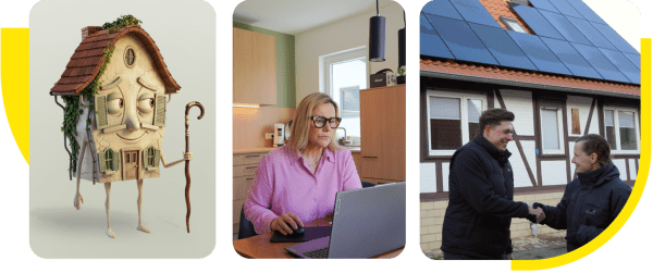 Collage mit drei Bildern: Ein Cartoon-Haus und zwei Bilder, die verschiedene Erfahrungen mit Aroundhome zeigen: Eine Frau arbeitet am Laptop in einer modernen Küche, zwei Personen geben sich die Hand vor einem Haus mit Solaranlage auf dem Dach.