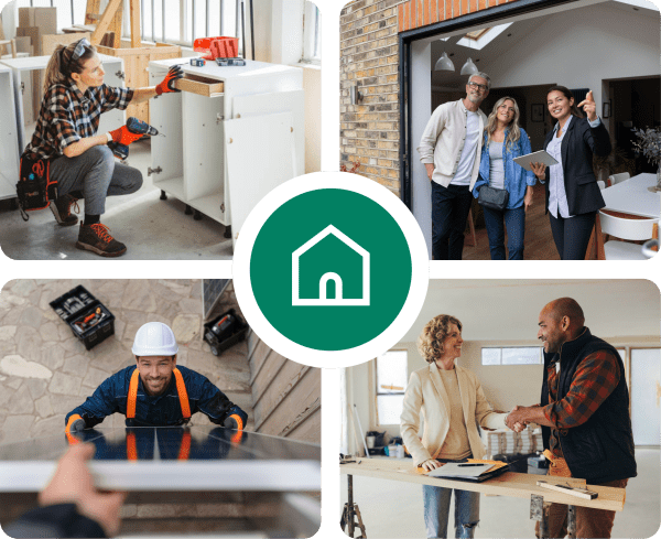 Bildcollage mit vier verschiedenen Dienstleistern während ihrer Tätigkeit: eine Handwerkerin beim Montieren eines Küchenschranks, eine Maklerin bei der Hausbegehung mit Kunden, ein Solarinstallateur und ein Handwerker bei der Besprechung mit einer Kundin
