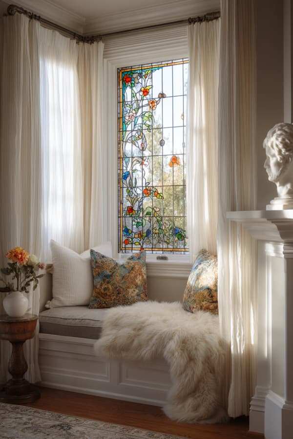 Sitzfenster mit floralem Buntglasfenster im Jugendstil