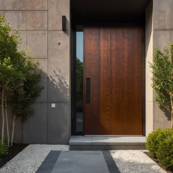 Haustür aus Cortenstahl mit Seitenteil aus Glas