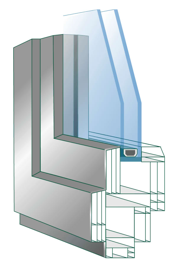 Die Grafik zeigt den Aufbau eines Kunststoff-Alu-Fensters im Querschnitt