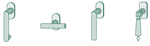 Fenstergriffe in verschiedenen Formen – gerundet, gerade, eckig und mit Schlüssel
