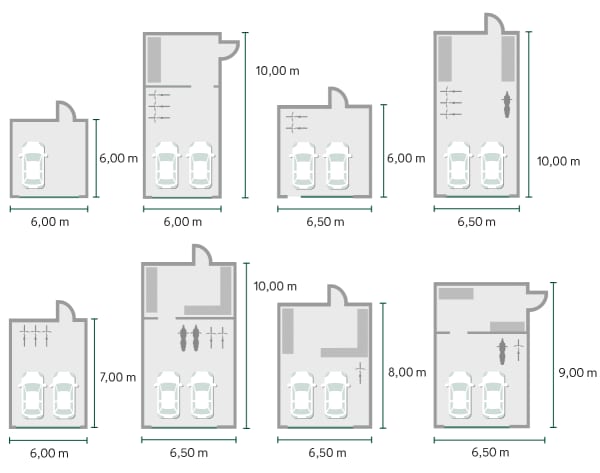 Verschiedene Grundrisse und Maße von Großraumgaragen