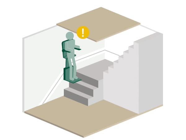 Eine Person auf einem Stehlift droht gegen die Decke zu stoßen.