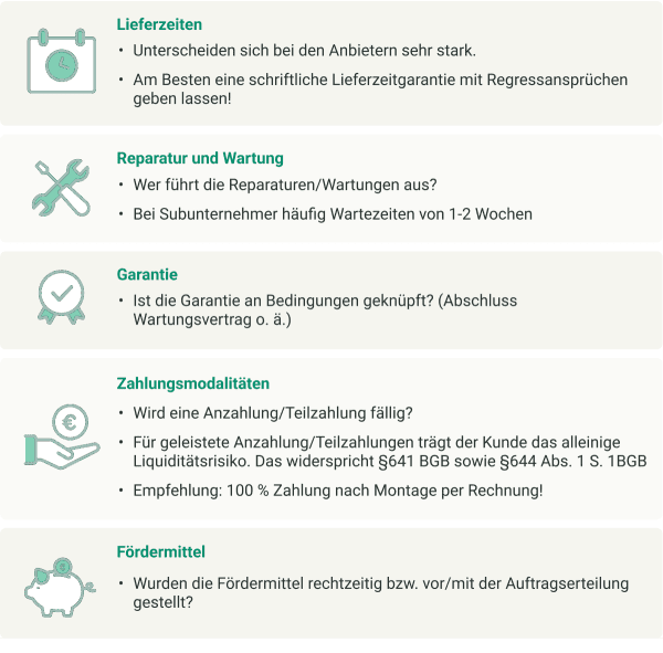Das Bild zeigt 5 Punkte auf die man bei der Bestellung eines Treppenlifts achten sollte: Die Lieferzeiten, kurzfristiger Service für Reparatur und Wartung, lange Garantie, Zahlung nach Erhalt und Fördermittel zu beantragen.