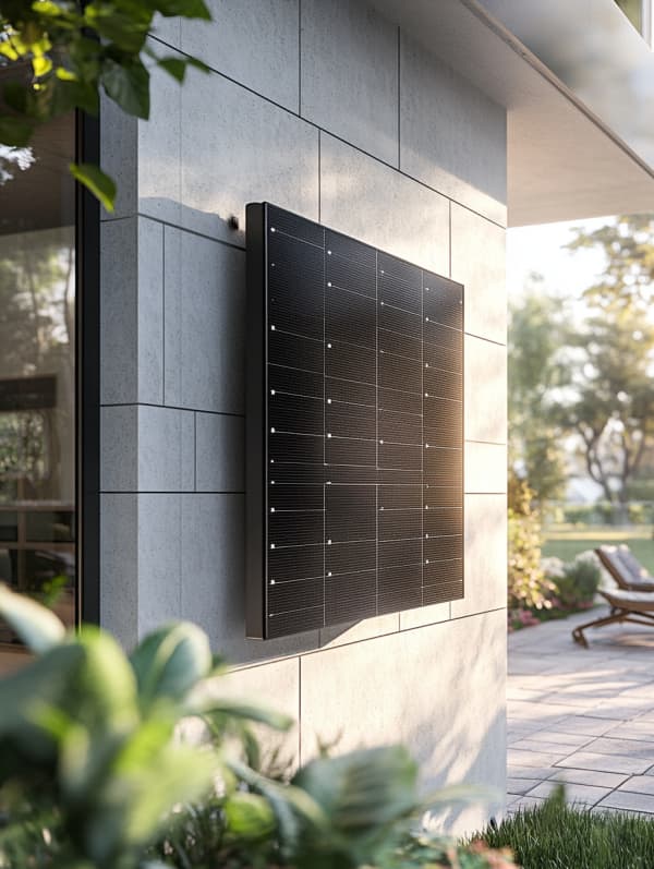 Solarer Luftkollektor mit fast schwarzer Oberfläche ist an Hausfassade montiert.