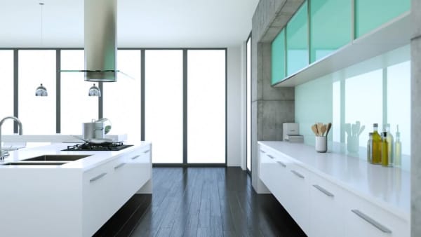 Loft-Apartment mit heller, weißer Einbauküche, mit Luxusküche, Luxuswohnung, Immobilie