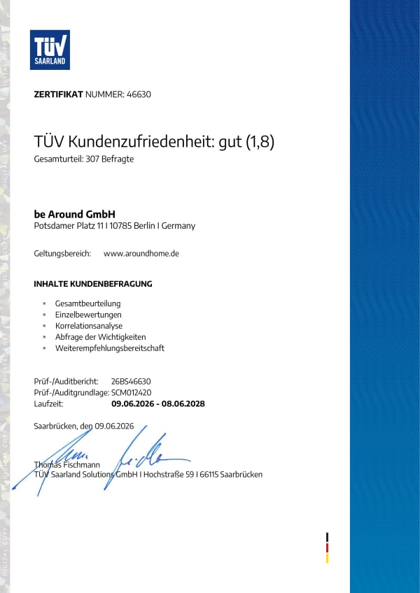 TÜV-Zertifikat zur Kundenzufriedenheit mit Note 1,8