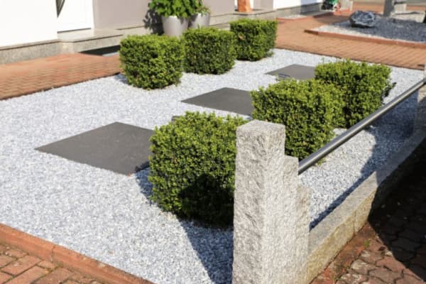 Vorgarten mit Kies, Steinplatten und Buchsbäumen vor einem Wohnhaus