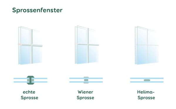 Die Grafik zeigt verschiedene Sprossenarten für dänische Fenster