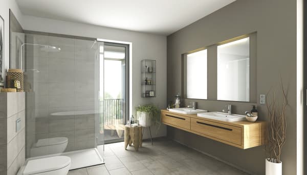 Fugenloses Badezimmer mit zwei Waschbecken