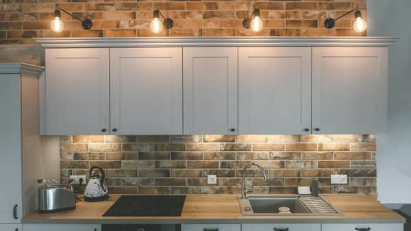 Weiße Kühe mit Sichtmauerwerk als Rückwand