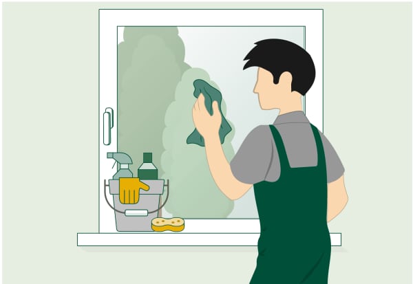 Die Grafik zeigt die Reinigung eines Fensters zur Vorbereitung auf Fensterfolie