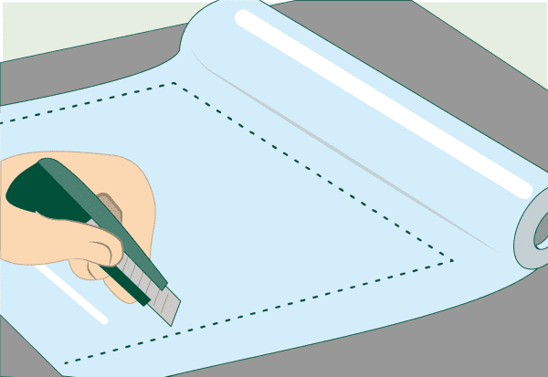 Die Grafik zeigt das Zuschneiden von Fensterfolie mit einem Cutter