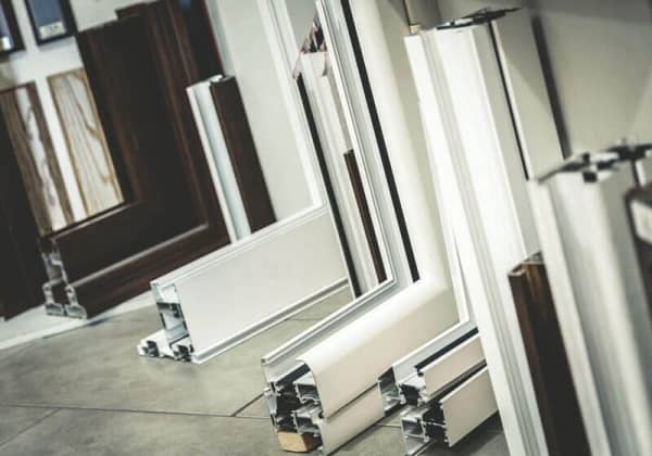 Verschiedene Fensterrahmen aus Kunststoff und Aluminium im Ausstellungsraum