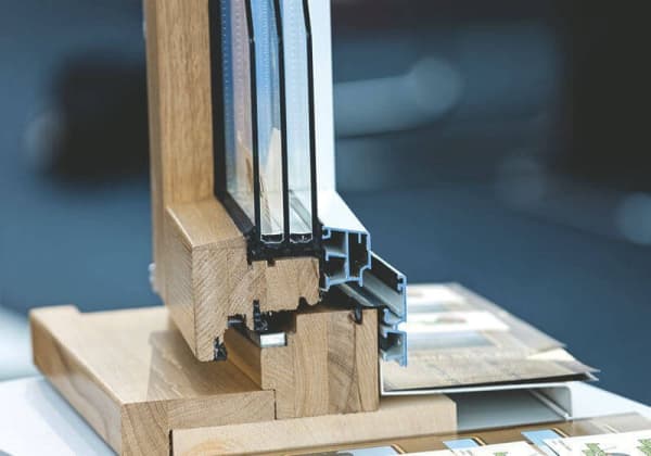 Fensterprofil mit Dreifachverglasung im Querschnitt – modernes Holz-Alu-Fenster