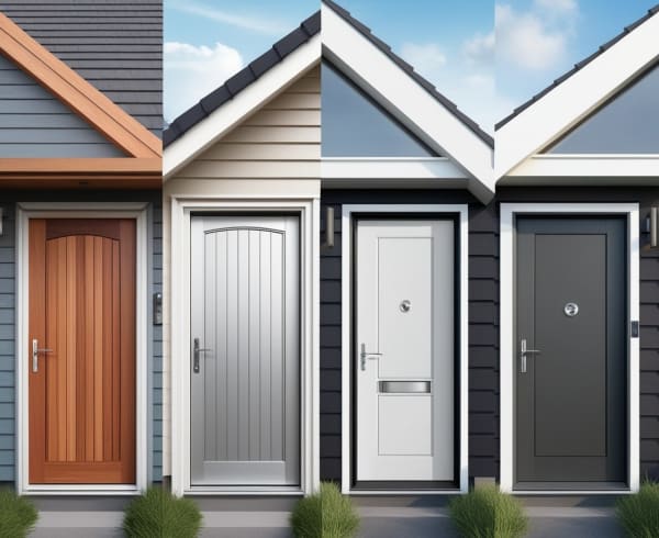 vier Nebeneingangstüren aus verschiedenen Materialien nebeneinander