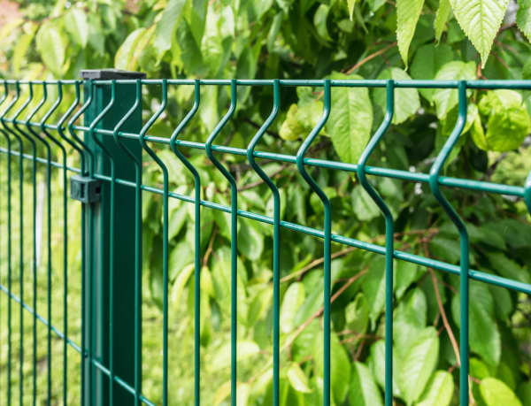 Nahansicht eines grünen Stabmattenzauns mit Sträuchern mit dichten grünen Blättern im Hintergrund