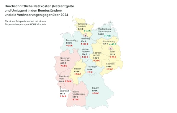 Grafik zu den durchschnittlichen Netzkosten (Netzentgelte und Umlagen) in den Bundesländern und die Veränderungen gegenüber 2024 für einen Beispielhaushalt mit einem Stromverbrauch von 4.000 kWh/Jahr