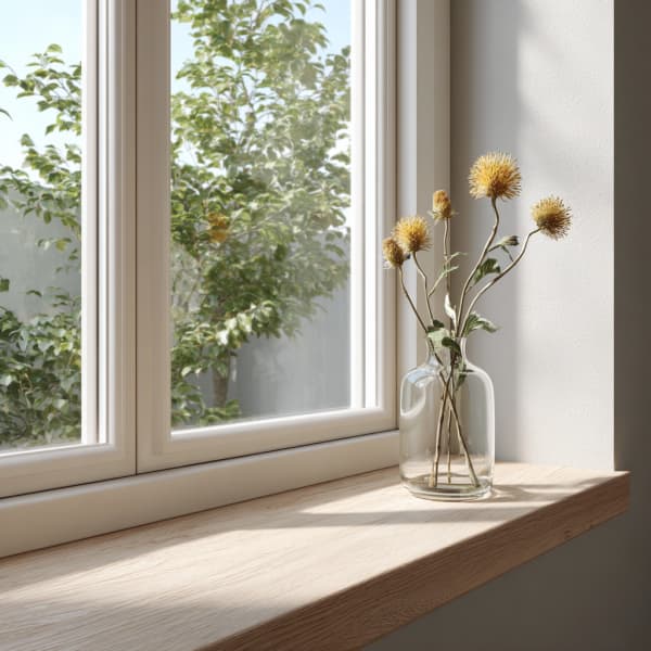 Helle Innenfensterbank aus Holz mit Glasvase und Trockenblumen