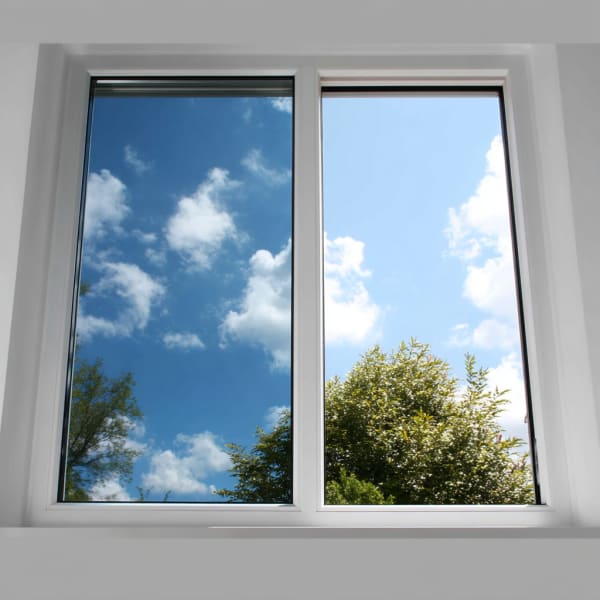 Das Bild zeigt eine Fensterfolie mit Sonnenschutzfunktion auf einem Fenster